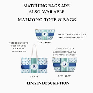 May include: Mahjong tote bags and pouches in blue and white floral and stripe patterns. The tote is 24" x 13", and the pouches are 6.75" x 8.66" and 9.75" x 12.60". Each bag features a large letter "B". Text reads "Matching bags are also available" and "Link in description."