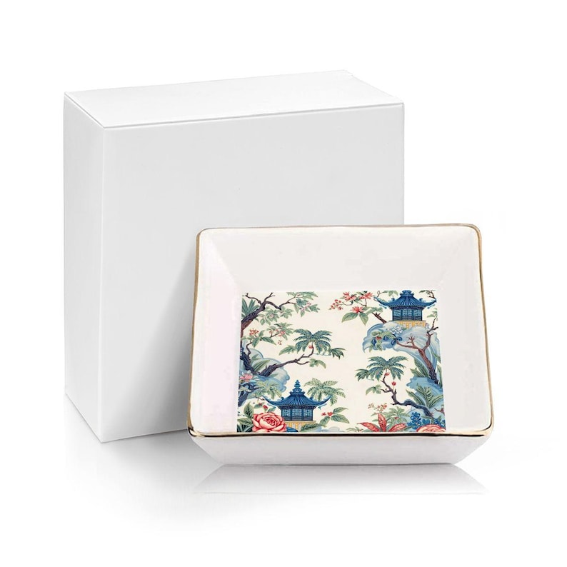 Blue Pagoda Chinoiserie Mahjong Dice Dish Tray, Ceramic Tile Game Bowl, Floral Mahjong Accessory Gift for Game Night Players image 5