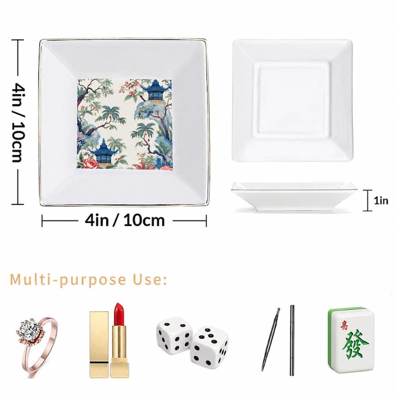 May include: White square ceramic dish, 4 inches (10 cm) wide, with a gold rim. The center features a colorful Asian-inspired landscape design. The image also shows the dish's side profile and examples of its multi-purpose use.