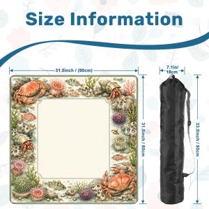 Crab Mahjong Table Mat with Travel Carry Bag, Coastal Seashell Ocean Tile Game Mat, Mahjong Accessory Gift 31.5"x31.5" (Ship Rolled up) image 2
