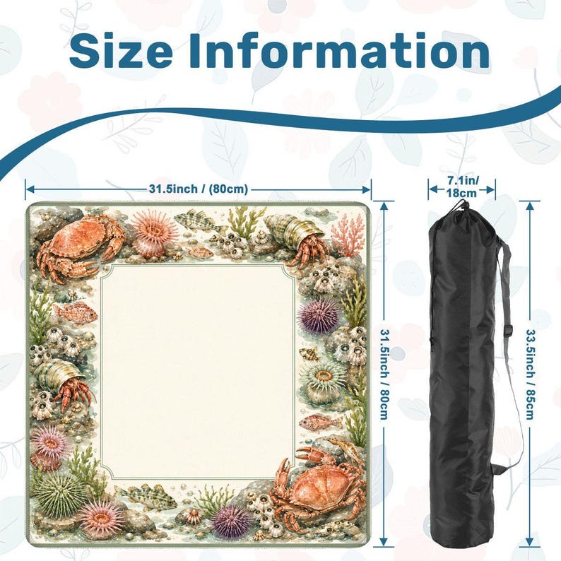 Crab Mahjong Table Mat with Travel Carry Bag, Coastal Seashell Ocean Tile Game Mat, Mahjong Accessory Gift 31.5"x31.5" (Ship Rolled up) image 2