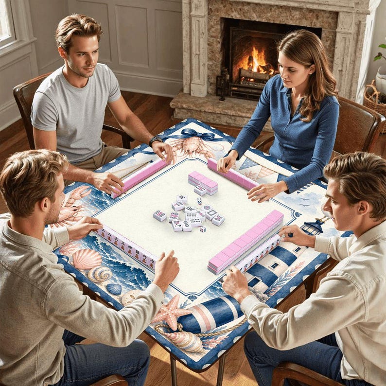 Lighthouse Mahjong Table Mat with Travel Carry Bag, Nautical Coastal Tile Game Mat, Mahjong Accessory Gift 31.5"x31.5" (Ship Rolled up) afbeelding 6