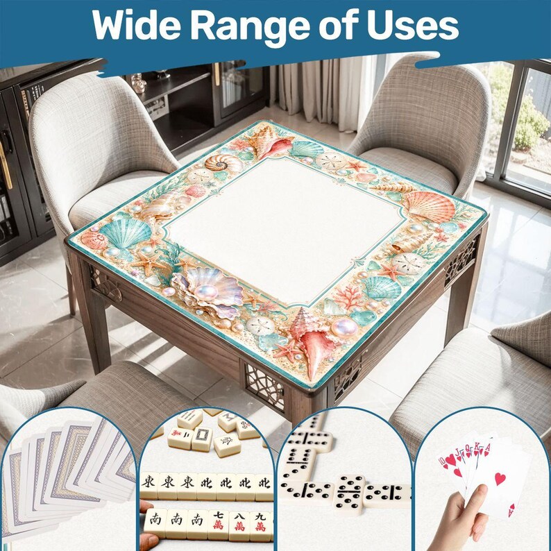 Tapete de mesa de Mahjong con diseño de conchas marinas y perlas, con bolsa de transporte, tapete de juego con diseño costero y oceánico, accesorio de regalo para Mahjong, 80 x 80 cm (se envía enrollado). imagen 7