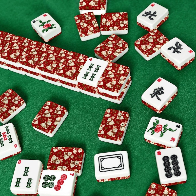 Christmas Bunny American Mahjong Tiles Set Red Rabbit Mahjongg Accessories Travel Game Tiles Gift for Mahjong Players Holiday Party Decor image 7