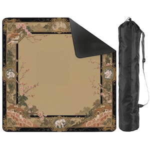 May include: A beige yoga mat with a black border featuring an Asian-inspired design with elephants, pagodas, and cherry blossoms. Includes a black carrying bag with a shoulder strap. The mat measures approximately 68 inches long and 24 inches wide.