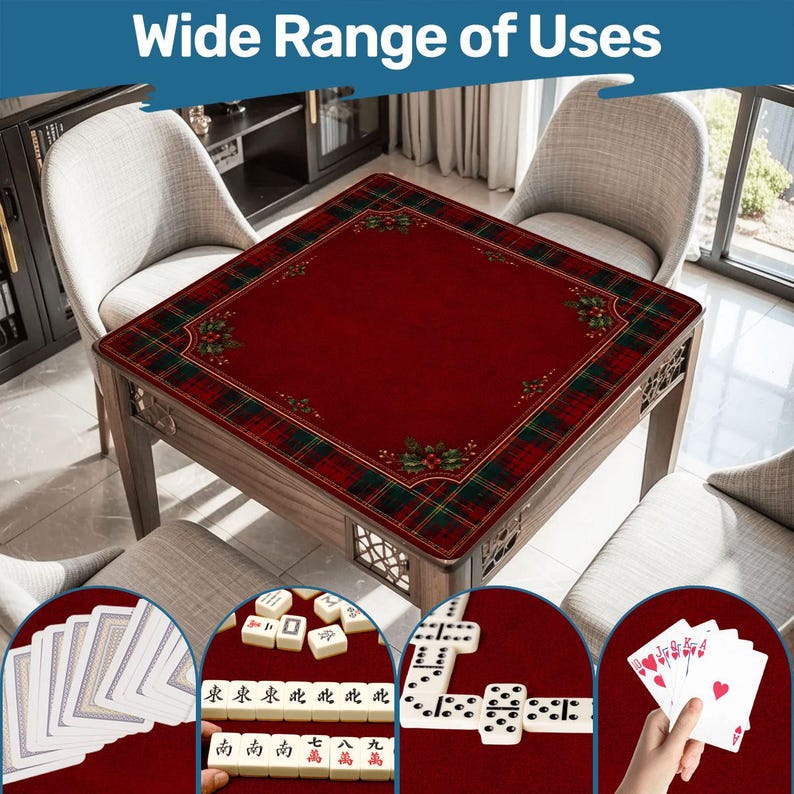 Tapete de Mahjong navideño con diseño de acebo a cuadros rojos y bolsa de transporte, tapete de Mahjong para las fiestas, regalo ideal para una noche de juegos festiva, 80 x 80 cm (se envía enrollado). imagen 8