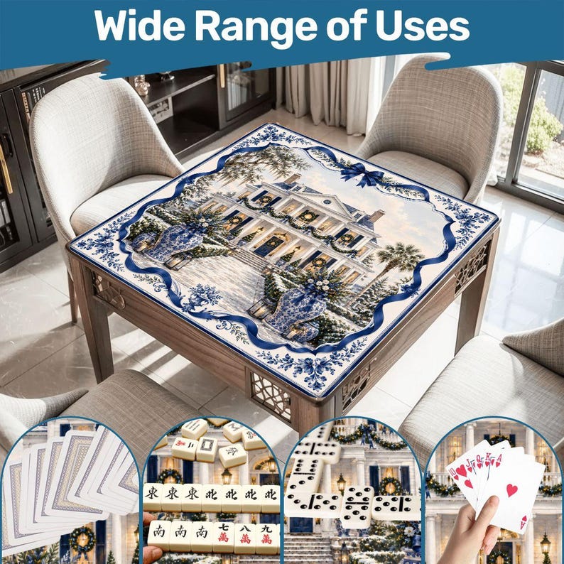 Christmas Chinoiserie Mahjong Mat Set, Blue White Mansion Game Mat with Carry Bag, Holiday Mahjong Gift 31.5"x31.5" (Ship Rolled up) zdjęcie 7