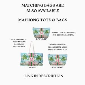 May include: Three Mahjong tote bags with a tropical design. The bags feature a light blue background with palm trees and a pink and green stripe. The bags are available in three sizes: 6.75" x 8.66", 24" x 13", and 9.75" x 12.60". Text on the image reads "MAHJONG TOTE & BAGS".