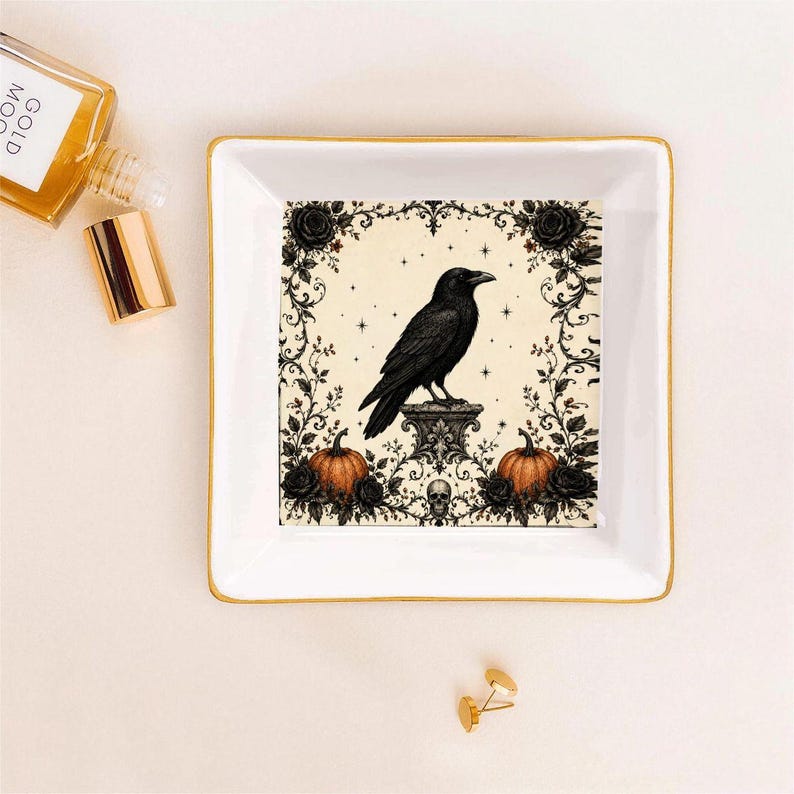 Halloween Raven Mahjong Dice Dish Gold Trim Ceramic Mahjongg Accessory Trinket Tray for Dice Coins Rings Gift for Spooky Game Night Decor image 4