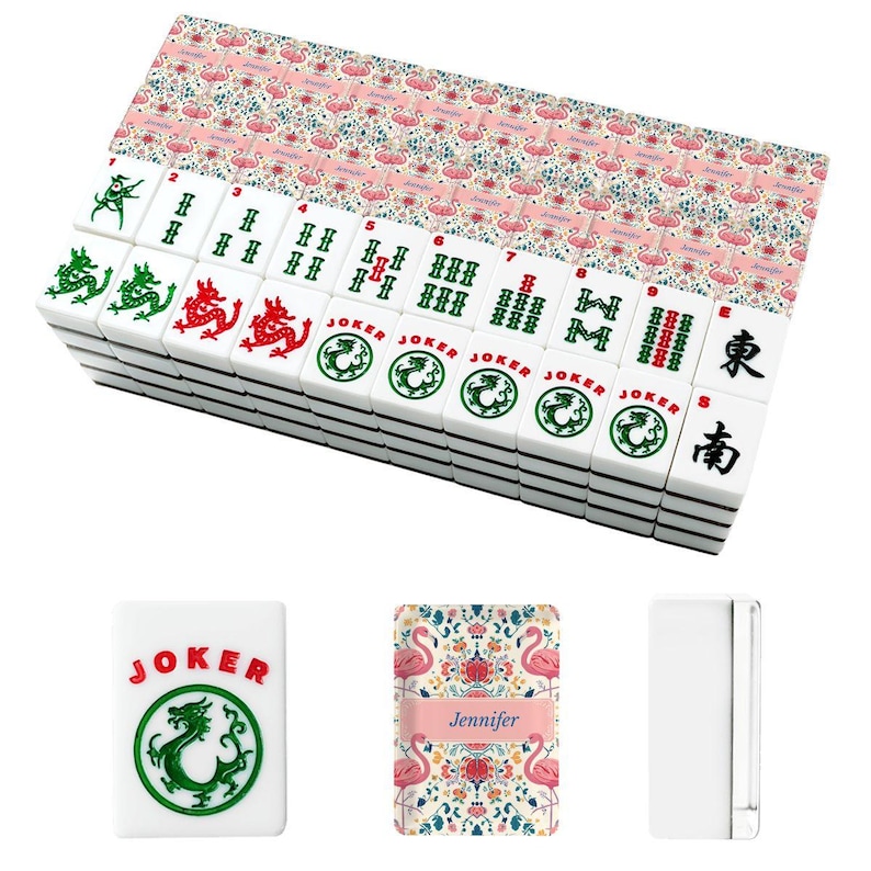Personalized Flamingo Mahjong Tile Set 166 Pieces, Custom Name Mahjong Tiles, American Mahjong Tile Set, Tropical Game Gift image 2