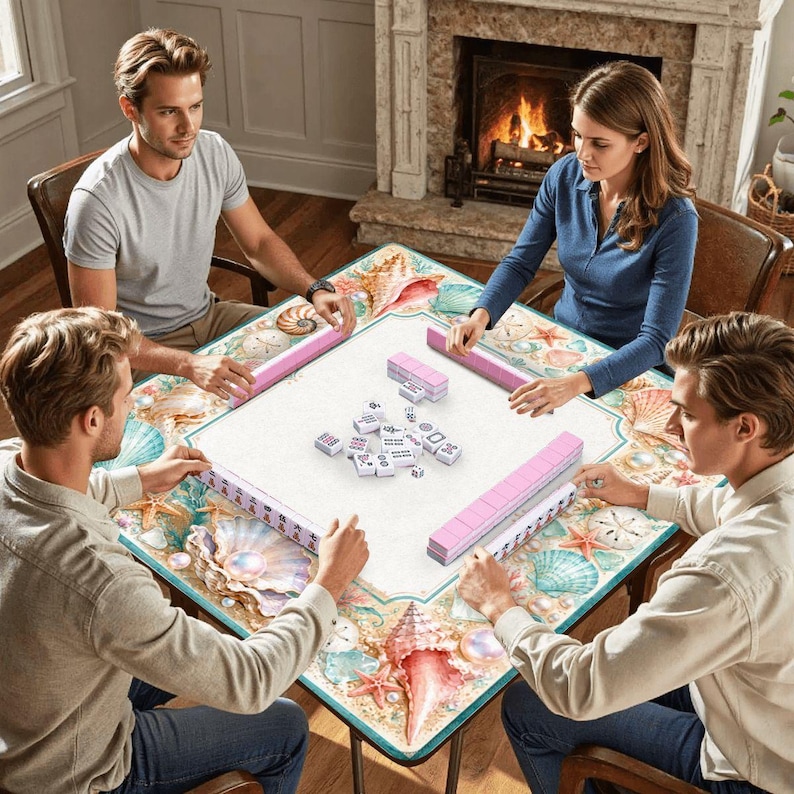 Tapete de mesa de Mahjong con diseño de conchas marinas y perlas, con bolsa de transporte, tapete de juego con diseño costero y oceánico, accesorio de regalo para Mahjong, 80 x 80 cm (se envía enrollado). imagen 6