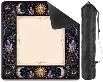 Celestial Mahjong Mat with Tarot Moon Sun Raven Design,Mystic Zodiac Card mat with Carry Bag, halloween gift 31.5"x31.5" (Ship Rolled up)