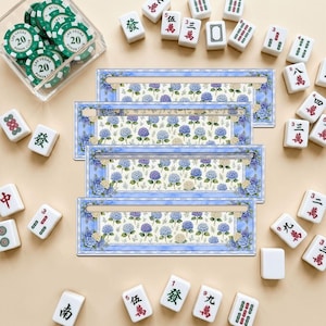 Blue Hydrangea Mahjong Line Reader Set of 4 Acrylic Game Guides, Floral Chinoiserie Mahjong Accessories, Tile Row Helper Gift immagine 1