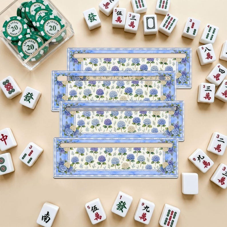 Blue Hydrangea Mahjong Line Reader Set of 4 Acrylic Game Guides, Floral Chinoiserie Mahjong Accessories, Tile Row Helper Gift immagine 1