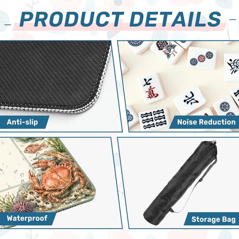 Crab Mahjong Table Mat with Travel Carry Bag, Coastal Seashell Ocean Tile Game Mat, Mahjong Accessory Gift 31.5"x31.5" (Ship Rolled up) image 5