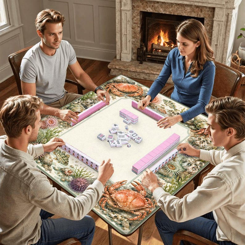 Crab Mahjong Table Mat with Travel Carry Bag, Coastal Seashell Ocean Tile Game Mat, Mahjong Accessory Gift 31.5"x31.5" (Ship Rolled up) image 6
