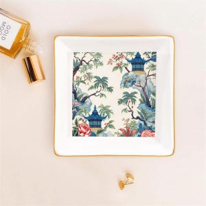 Blue Pagoda Chinoiserie Mahjong Dice Dish Tray, Ceramic Tile Game Bowl, Floral Mahjong Accessory Gift for Game Night Players image 9