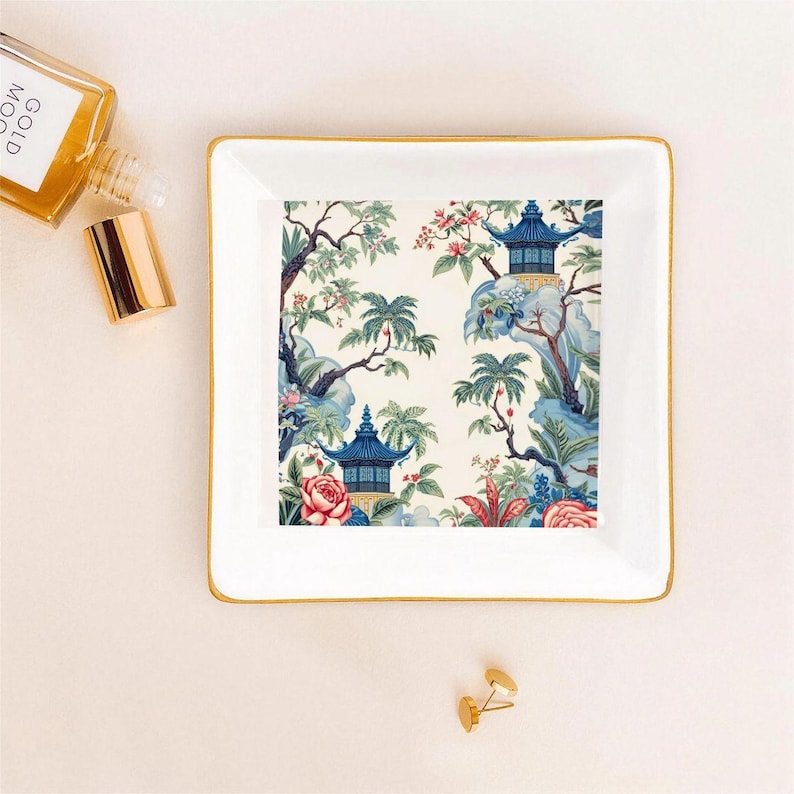 Blue Pagoda Chinoiserie Mahjong Dice Dish Tray, Ceramic Tile Game Bowl, Floral Mahjong Accessory Gift for Game Night Players image 9