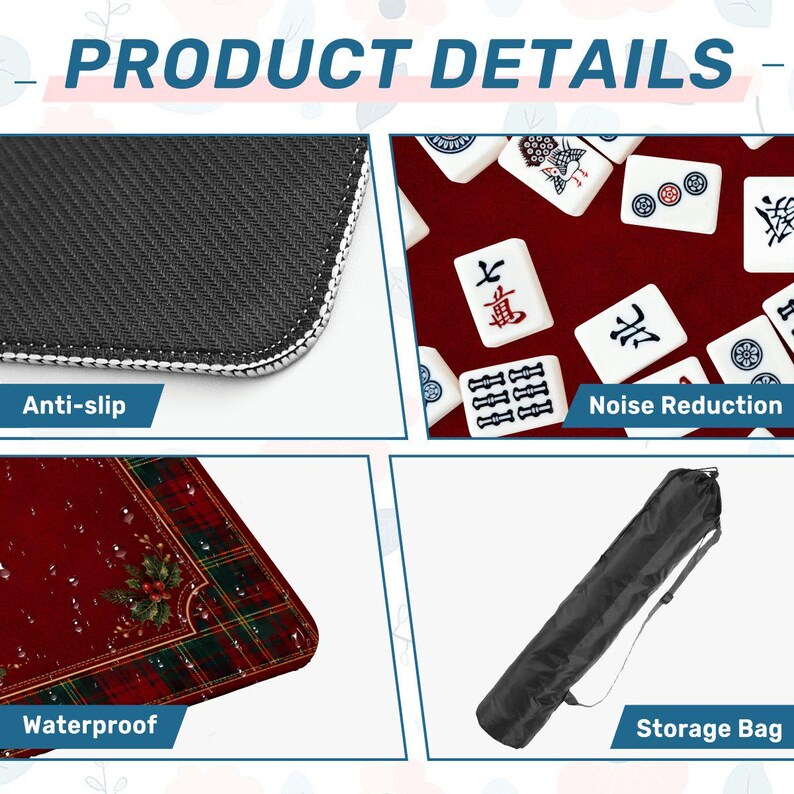 Tapete de Mahjong navideño con diseño de acebo a cuadros rojos y bolsa de transporte, tapete de Mahjong para las fiestas, regalo ideal para una noche de juegos festiva, 80 x 80 cm (se envía enrollado). imagen 5