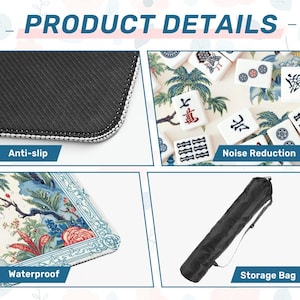 Tropical Garden Mahjong Mat with Non Slip Rubber Backing, Blue Pagoda Bird Design Mat with Carry Bag, Size 31.5"x31.5" (Ship Rolled up) image 4