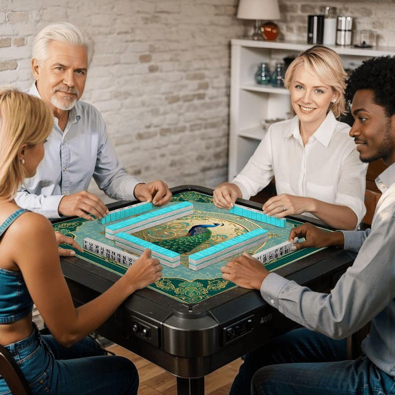 Puede incluir: Una mesa de mahjong autom&aacute;tica cuadrada con marco oscuro y superficie de fieltro verde que presenta una ilustraci&oacute;n central de un pavo real. La mesa est&aacute; dispuesta con filas de fichas de mahjong azul claro y blanco para el juego.