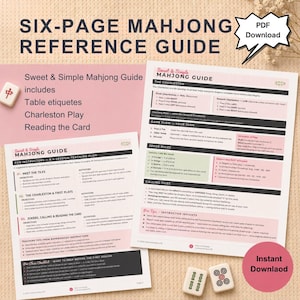 May include: A six-page Mahjong reference guide with the text "Sweet & Simple Mahjong Guide" and "Instant Download". The guide includes information on table etiquettes, Charleston play, and reading the card. Two Mahjong tiles are visible.