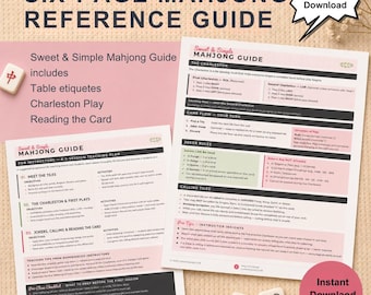 May include: A six-page Mahjong reference guide with the text "Sweet & Simple Mahjong Guide" and "Instant Download". The guide includes information on table etiquettes, Charleston play, and reading the card. Two Mahjong tiles are visible.