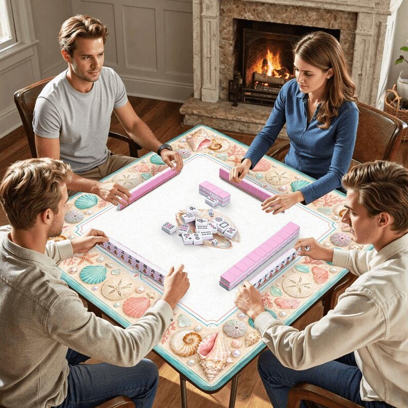 Seashell Mahjong Table Mat with Travel Carry Bag, Coastal Ocean Tile Game Mat, Mahjong Accessory Gift 31.5"x31.5" (Ship Rolled up) image 6