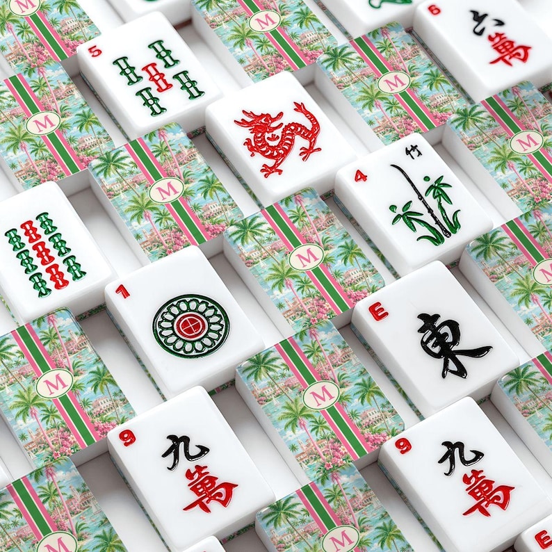 Personalized Tropical Mahjong Tiles Set, Custom Initial Palm Beach American Mahjong Tiles, Acrylic 166 Piece Game Night Gift Set image 1