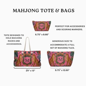 May include: Pink Mahjong tote bags and accessories. The image shows a tote bag, a zippered pouch, and a smaller pouch. The bags feature a cheetah design with the letter "M" and the text "Mahjong Tote & Bags". The tote bag measures 24" x 13".
