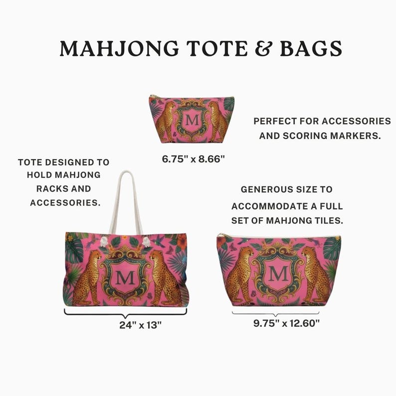 May include: Pink Mahjong tote bags and accessories. The image shows a tote bag, a zippered pouch, and a smaller pouch. The bags feature a cheetah design with the letter "M" and the text "Mahjong Tote & Bags". The tote bag measures 24" x 13".