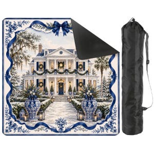 Christmas Chinoiserie Mahjong Mat Set, Blue White Mansion Game Mat with Carry Bag, Holiday Mahjong Gift 31.5"x31.5" (Ship Rolled up) zdjęcie 1