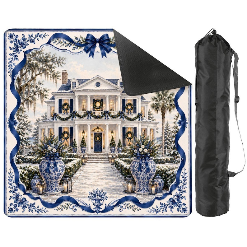 Christmas Chinoiserie Mahjong Mat Set, Blue White Mansion Game Mat with Carry Bag, Holiday Mahjong Gift 31.5"x31.5" (Ship Rolled up) zdjęcie 1