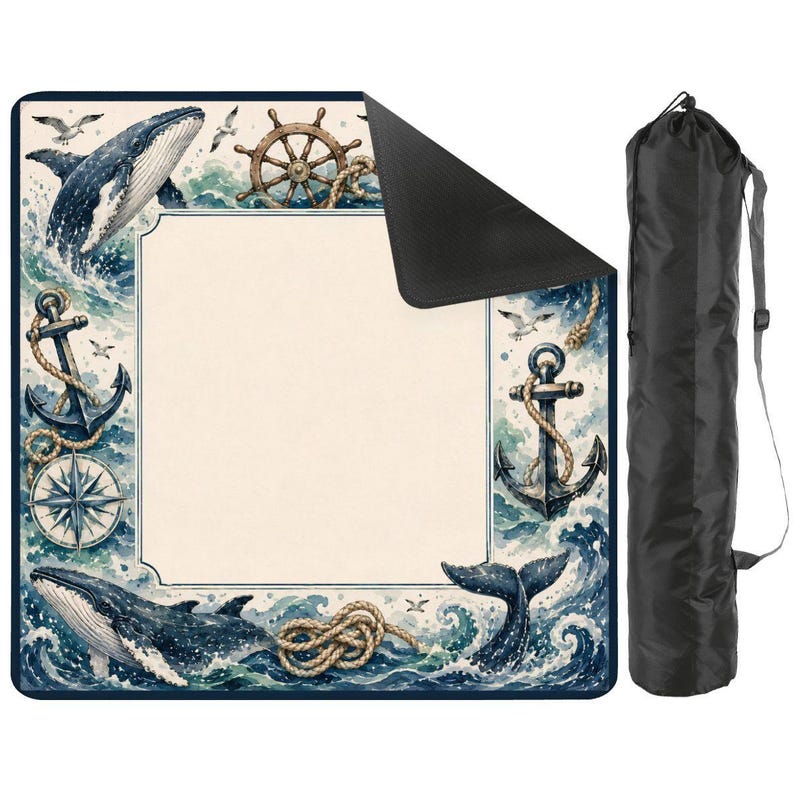 Nautical Mahjong Table Mat with Travel Carry Bag, Whale Anchor Ocean Tile Game Mat, Mahjong Accessory Gift size 31.5"x31.5" (Ship Rolled up) Bild 1