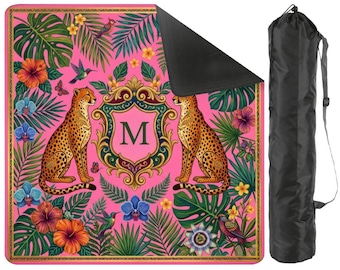 Personalized Mahjong Mat Tropical Leopard Design Pink Monogram Mahjong Mat 31.5" Travel Mahjong Mat with Carry Bag(Ship Rolled up)