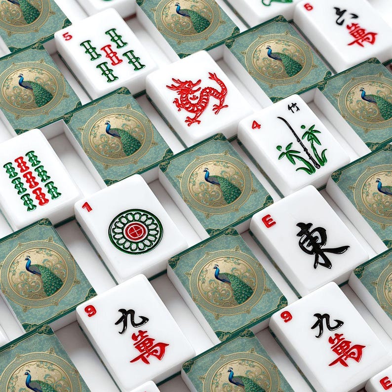 Juego de fichas de Mahjong con diseño de pavo real, 166 piezas, fichas de Mahjong de lujo, juego de Mahjong americano, elegante diseño de aves. imagen 1