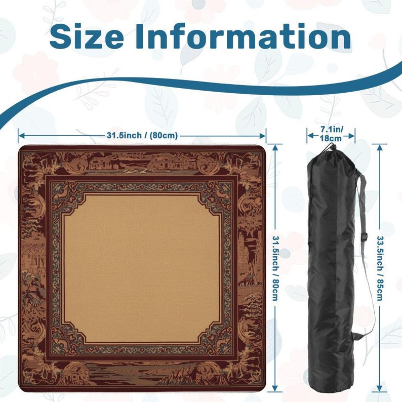 Mahjong Table Mat with Carry Bag – Foldable Waterproof 31.5"x31.5" Game Mat in Warm Brown with Intricate Border for Mahjong and Card Games image 2