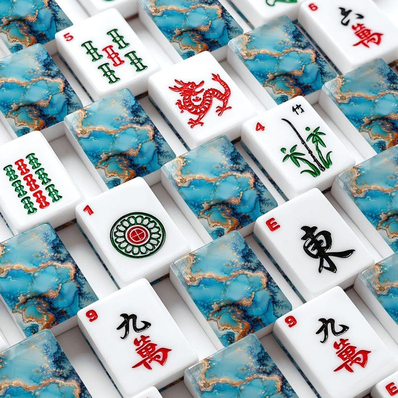 Juego de fichas de Mahjong americano, mármol azul, accesorios para Mahjong, fichas de viaje, regalo para jugadores de Mahjong, juego de fichas chino, decoración. imagen 1