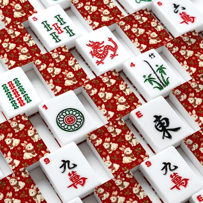 Christmas Bunny American Mahjong Tiles Set Red Rabbit Mahjongg Accessories Travel Game Tiles Gift for Mahjong Players Holiday Party Decor image 1