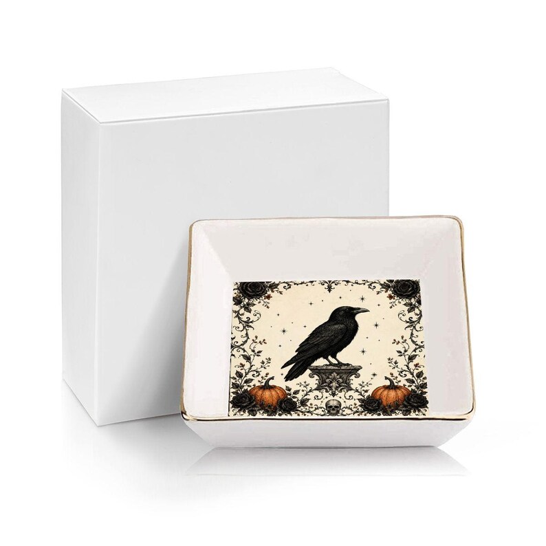 Halloween Raven Mahjong Dice Dish Gold Trim Ceramic Mahjongg Accessory Trinket Tray for Dice Coins Rings Gift for Spooky Game Night Decor image 6