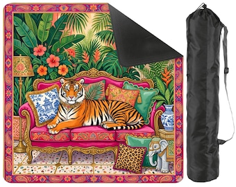 Tropical Tiger Mahjong Mat with Carrying Bag, Jungle Chinoiserie American Mahjong Mat, Bold Game Night Gift  31.5"x31.5" (Ship Rolled up)