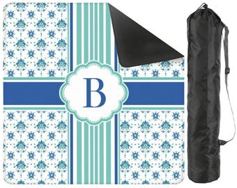 Personalized Mahjong Mat with Monogram Initial,Blue Floral Mahjong Game Mat, Custom Mat,Mahjong Gift Game Night 31.5"x31.5" (Ship Rolled up)