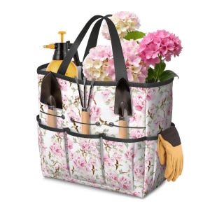 Floral Garden Tool Tote Bag with Optional Personalization, Gardening Organizer with Pockets, Waterproof Yard Caddy Gift for Women Gardeners