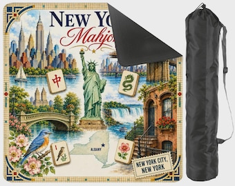 May include: A square mat featuring a New York City themed collage with the Statue of Liberty, city skyline, Niagara Falls, and a bluebird. The text reads New York Mahjong and New York City, New York. Includes a black cylindrical carrying bag.