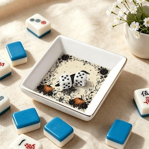 Halloween Raven Mahjong Dice Dish Gold Trim Ceramic Mahjongg Accessory Trinket Tray for Dice Coins Rings Gift for Spooky Game Night Decor image 2