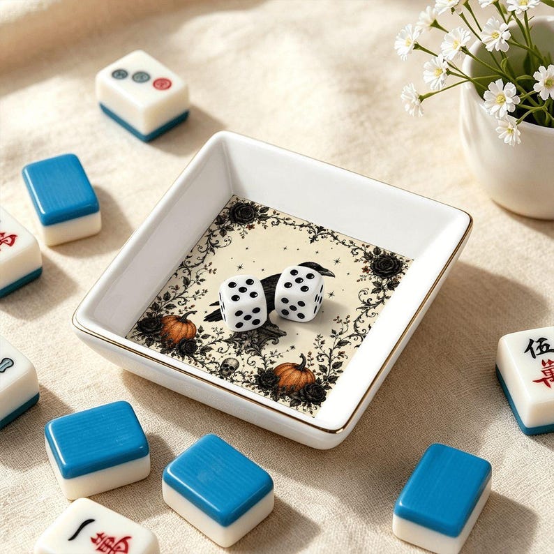Halloween Raven Mahjong Dice Dish Gold Trim Ceramic Mahjongg Accessory Trinket Tray for Dice Coins Rings Gift for Spooky Game Night Decor image 2