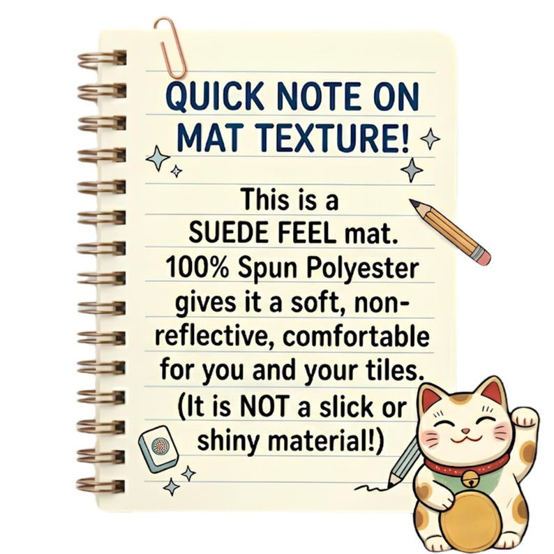 May include: A notepad with text about a suede feel mat made of 100% spun polyester. The text describes the mat as soft, non-reflective, and comfortable. A cartoon cat with a gold coin and a pencil are also shown.