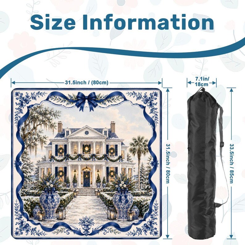 Christmas Chinoiserie Mahjong Mat Set, Blue White Mansion Game Mat with Carry Bag, Holiday Mahjong Gift 31.5"x31.5" (Ship Rolled up) zdjęcie 2