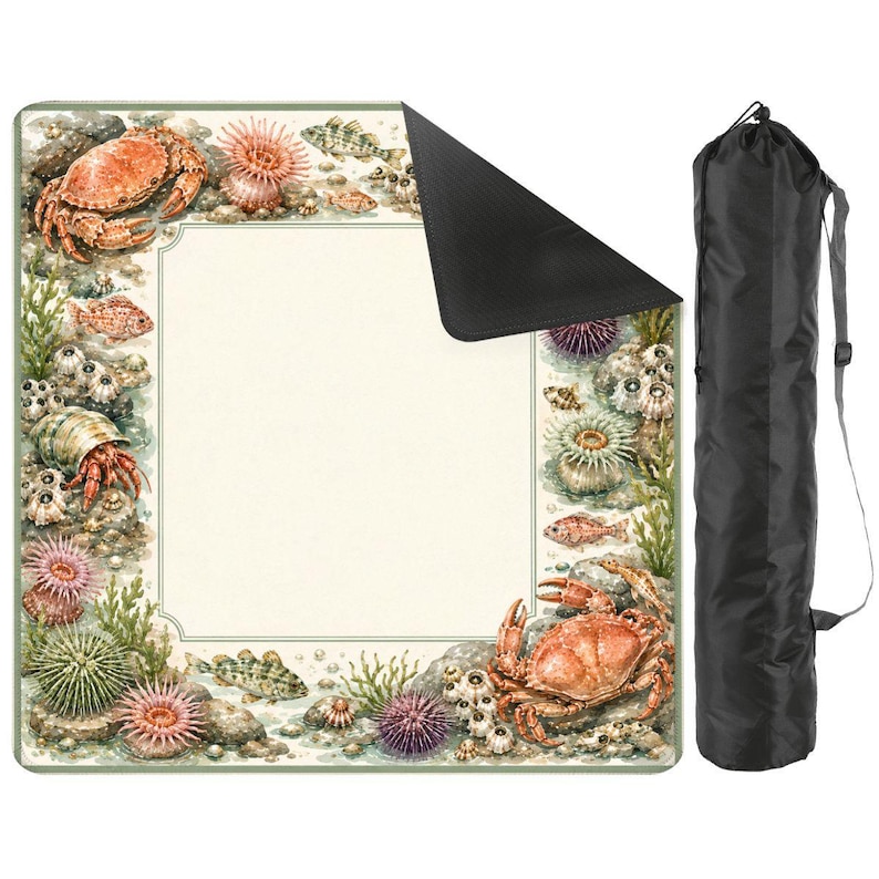 Crab Mahjong Table Mat with Travel Carry Bag, Coastal Seashell Ocean Tile Game Mat, Mahjong Accessory Gift 31.5"x31.5" (Ship Rolled up) image 1