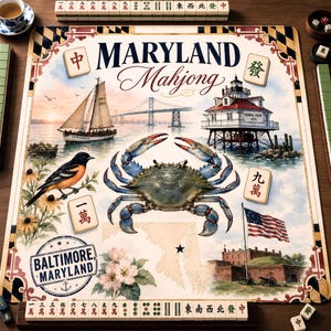 May include: A Maryland Mahjong game board featuring a blue crab, a sailboat, the Thomas Point lighthouse, a Baltimore oriole, and the American flag. The board includes the text Maryland Mahjong and Baltimore, Maryland, with mahjong tiles.